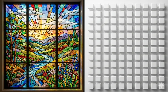 多彩な色が混ざり合い新しい模様を作るアートと、同じ色と形のブロックが完璧に整列した様子を対比させたビジュアル。
