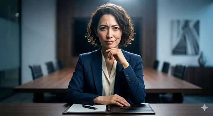 ビジネスの交渉の場で、あえて厳しい表情を作って相手を見据える、意志の強い人物の横顔。