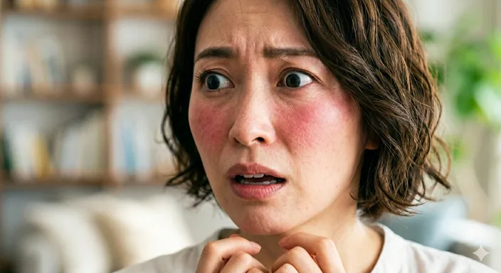 驚きのあまり、無意識に目を見開き、口元に手が行く瞬間のクローズアップ。