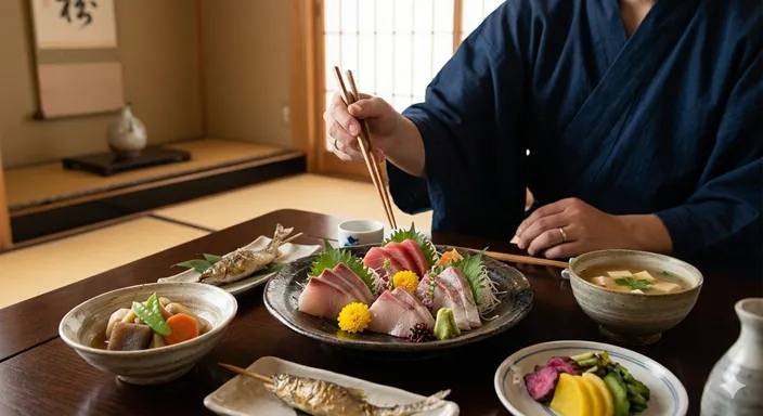箸を手に取り、美しく整えられた魚料理を前にして、感謝の気持ちで食事を始めようとする温かな食卓の風景。