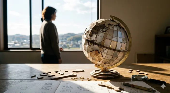 複雑なジグソーパズルを完成させた瞬間の、達成感と全体像の美しさを捉えたイメージ。