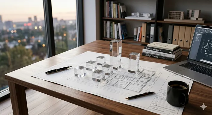精密な建築図面の上に置かれた、整然と並ぶチェスの駒や幾何学的なオブジェのイメージ。