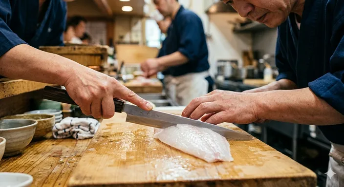熟練の職人が柳刃包丁を使い、一気に魚の身を引き切る、技術の粋を感じさせる手元のクローズアップ。