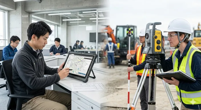 多様な人々からアンケートを集めたり、現場で正確な数値を計測したりする客観的な作業風景。