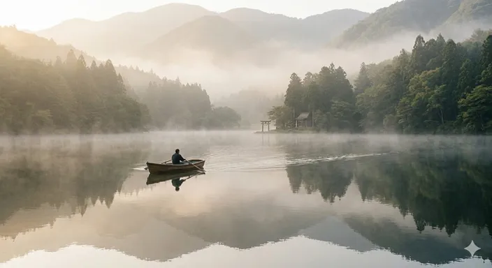 穏やかな朝の風景の中、一艘の舟が水面をスムーズに進んでいく、調和の取れたコミュニケーションのイメージ。