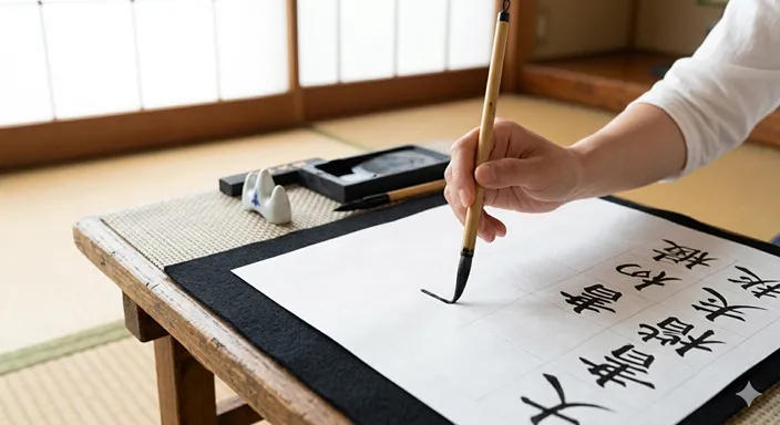 お手本を横に置き、一画ずつ丁寧に筆を運ぶ、規律と美しさを感じさせる手元のクローズアップ。