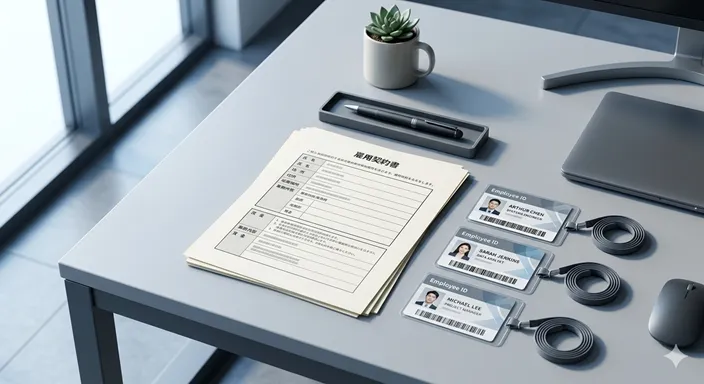 契約書、ペン、そして整然と並んだIDカード。事務的・機能的な雇用関係を象徴するデスク風景。