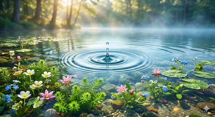 澄んだ水面に一滴の雫が落ち、そこから鮮やかな花が咲き誇るような、清らかな再生のイメージ。