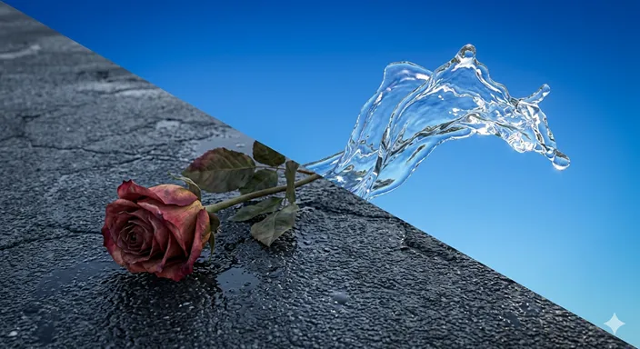 地面に落ちて色褪せた一輪の花と、空に向かって境界なく広がる透明な水の流れの対比イメージ。