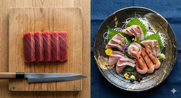 シンプルに並べられた新鮮なマグロの刺身と、華やかな飾り付けが施された豪華な鮮魚のお造り盛合せの対比イメージ。