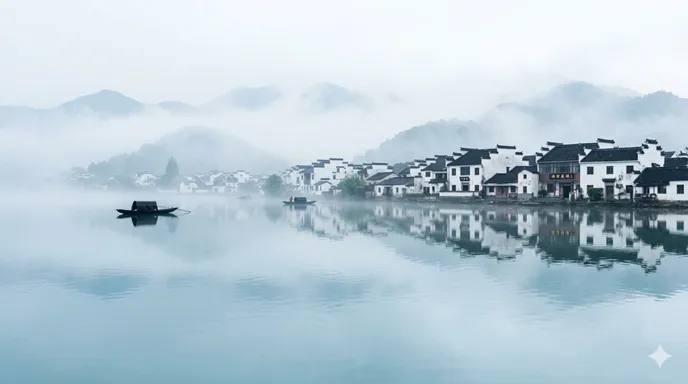 紹興酒の聖地、鑑湖の美しい水面と、そのほとりに建つ伝統的な酒造蔵の風景。
