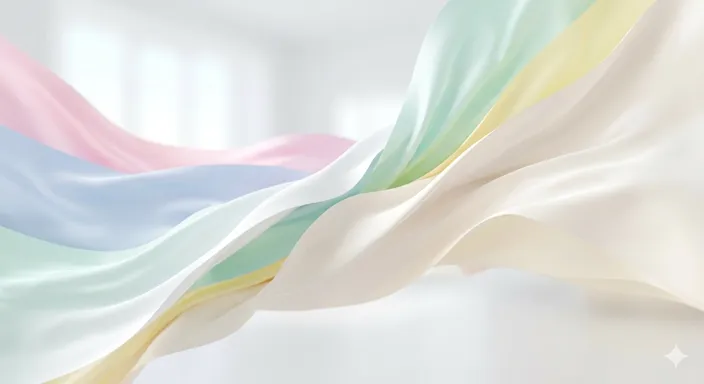 穏やかな曲線を描く白い雲や、丸みを帯びたデザインのオブジェが並ぶ、視覚的に優しい空間。