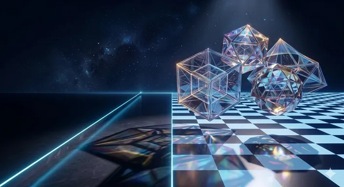 奥行きと影を持ち、空間の中に実体として存在する透明感のある立体オブジェクト。