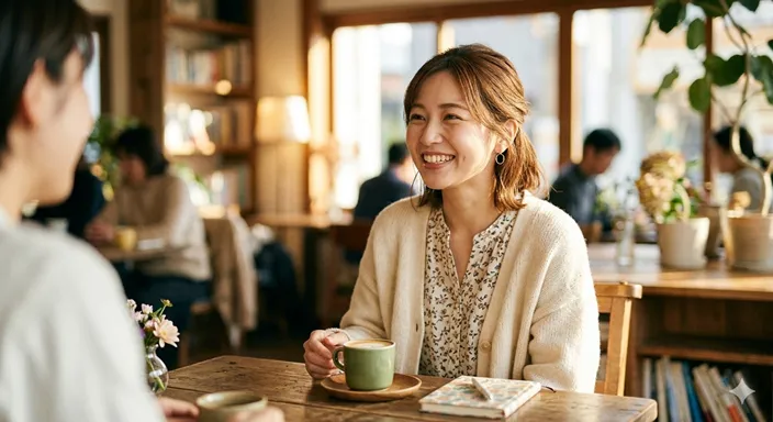 誰かに呼ばれてパッと明るい表情で振り返る、温かみのある日常の一コマ。