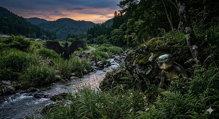 夕暮れ時の川辺で、茂みからこちらを伺う奇妙な生き物の気配（河童のようなシルエット）。