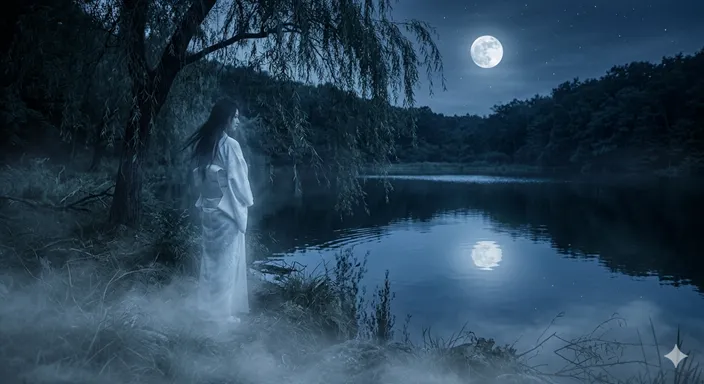夜の静かな水辺で、透き通るような白い衣を纏った人影が、静かに佇んでいる寂寥感のある風景。