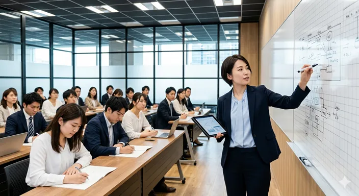 明るい教室やセミナールームで、論理的な図解を使いながら体系的に解説する講師。
