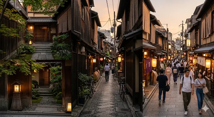 表通りから細い路地へ入り、その奥に静かな店の灯りが見える、都市の表と裏のつながりを感じさせる風景。