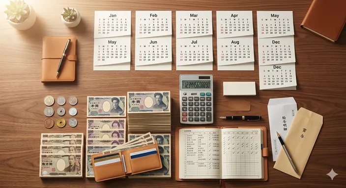 1年分の収入の流れを連想させるカレンダー、電卓、硬貨、家計管理アイテムが整然と並ぶイメージ。