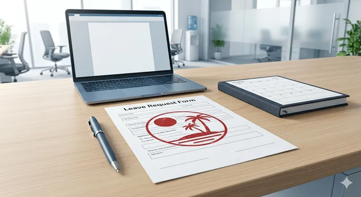 オフィスの机上で休暇申請書に承認印が押され、勤務日が休みに変わることを示すイメージ。