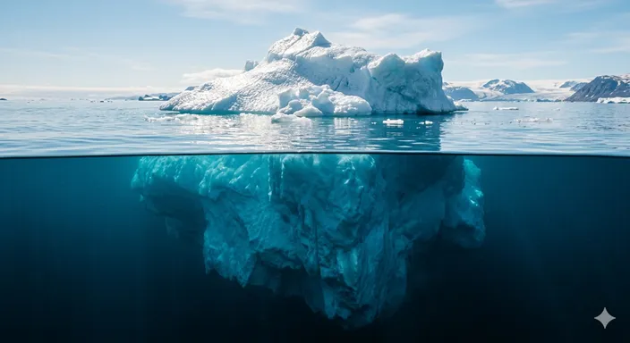 海面に浮かぶ巨大な氷山。水上の見える部分と、水面下の全体像を対比させたイメージ。
