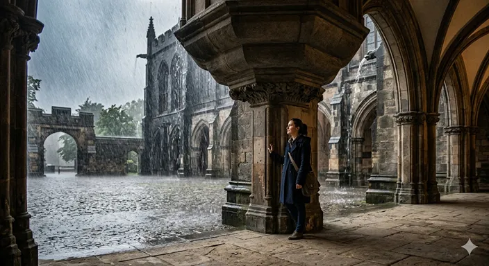 激しい雨の中、重厚な建物の大きな庇(ひさし)の下で、濡れずに静かに雨宿りをする人の姿。