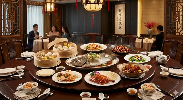 中国各地の本格料理が円卓に美しく並び、地域性と格式が感じられる食卓風景。