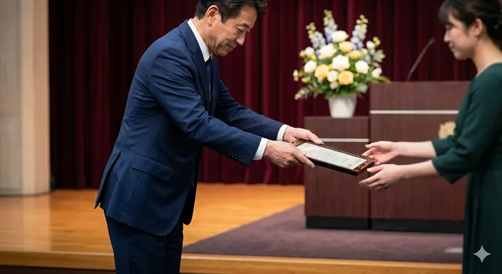 公式な式典で主催者が受賞者へ賞状を丁寧に手渡している場面。