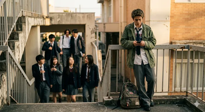 見た目や雰囲気だけで不良と見なされる若者と、周囲の視線を描いたイメージ。