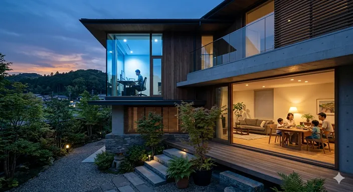 夜の住宅街で、窓から漏れる様々な色の光。生活シーンに合わせた照明の使い分けを象徴する夜景。