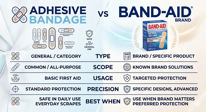 BANDAGE と BRAND NAME を左右に分け、SCOPE、USAGE、PRECISION などの観点で比較した英語のインフォグラフィック。