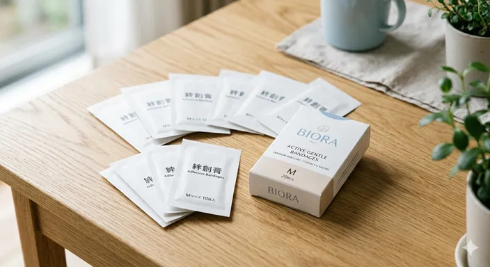 木のテーブルの上に置かれた複数の貼付用品と、中央で一つだけ印象的に際立つ製品箱が対比されたイメージ。