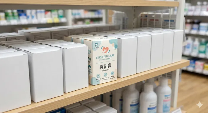 多くの無地の箱の中で、一つだけデザイン性の高い箱が棚の中央で目立っているイメージ。