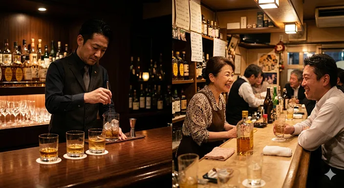 落ち着いた照明のバーのカウンターと、親しみのあるスナックの店内が左右で対比されたイメージ。