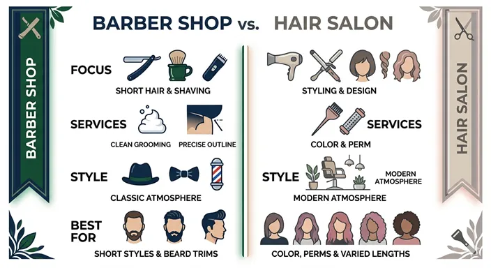 理容室と美容室の特徴を、サービス内容や得意分野の違いで整理した比較インフォグラフィック。