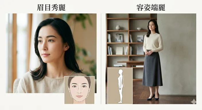 眉目秀麗は顔立ち、容姿端麗は全体の整いに重点があることを対比した比較イメージ