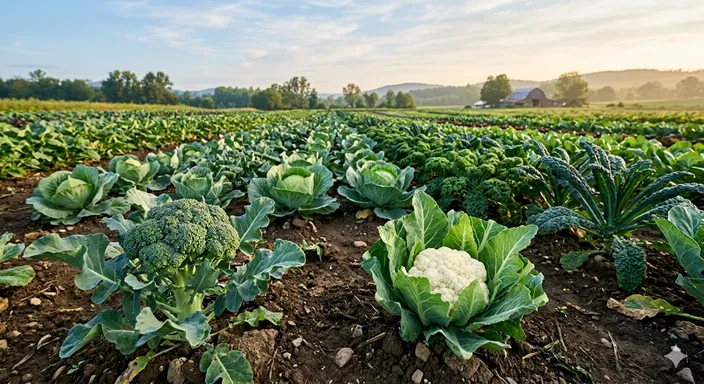畑で育つブロッコリーとカリフラワー、キャベツなどのアブラナ科野菜が並び、同じ仲間であることが伝わる風景。