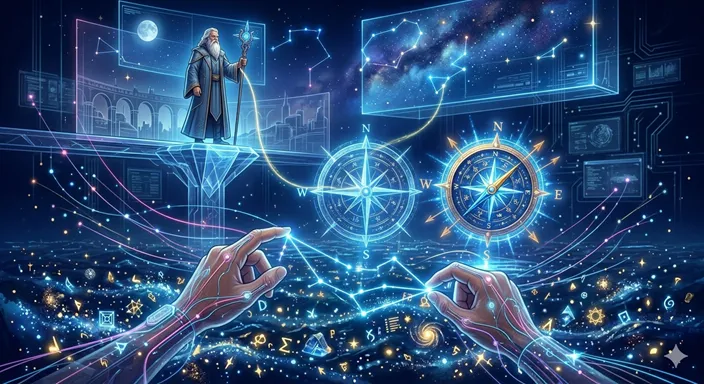 暗闇の中で、バラバラな光の点(情報)を線で結び、一つの星座(理論)を作り上げている知的な手。