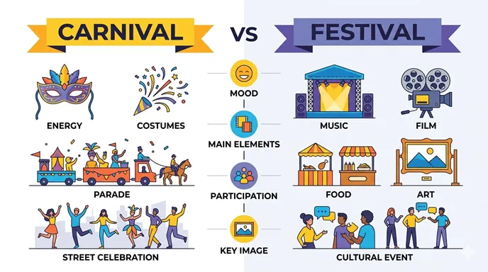 CARNIVALとFESTIVALを、熱狂、仮装、パレード、テーマ性、文化体験などの観点で比較した英語のインフォグラフィック。