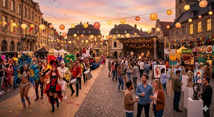 熱狂的なカーニバルの仮装パレードと、テーマを楽しむフェスティバル会場が一つの祝祭風景として調和しているイメージ。
