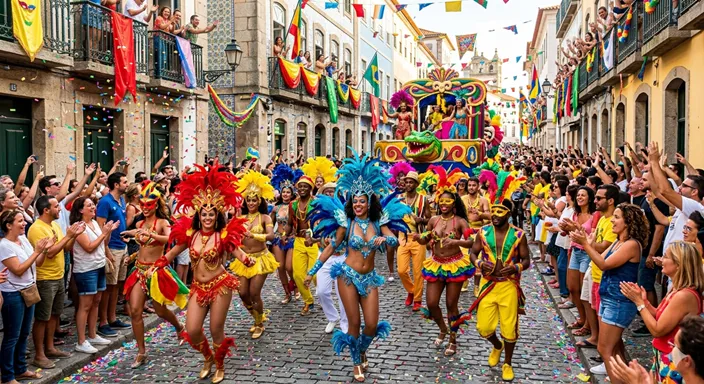 色鮮やかな衣装をまとった人々が街を踊りながら進み、日常の街並みが祝祭空間へ変わっている様子。