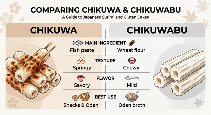 CHIKUWAとCHIKUWABUを、MAIN INGREDIENT、TEXTURE、BEST USE、FLAVORの軸で比較した英語のインフォグラフィック。