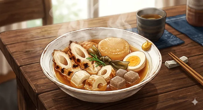 おでんの器に、ちくわとちくわぶが並び、それぞれの違いを味わいながら楽しめる和食のまとめイメージ。