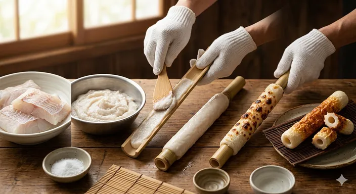 魚のすり身を棒に巻き付けて焼き上げ、ちくわが作られる工程を表した和風の調理イメージ。