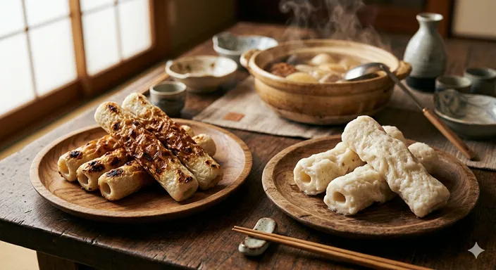 木製の皿の上に並んだ焼き色のあるちくわと白くもちもちしたちくわぶを、自然光の中で比較している食材イメージ。