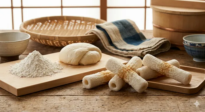 小麦粉を練って作られた白いちくわぶが、もちもちした質感で並んでいる調理前の食材イメージ。