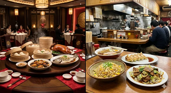 高級感のある本格的な円卓料理と、親しみやすい町中華の料理が左右に対比されたイメージ。