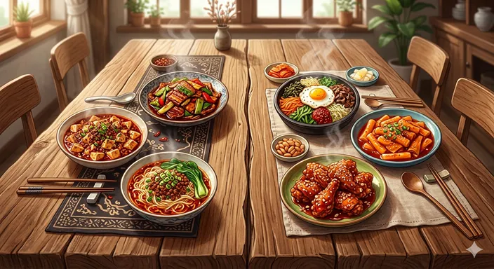 麻婆豆腐や回鍋肉などの中華料理と、ビビンバやトッポギなどの韓国料理を並べた料理別使い分けイメージ。