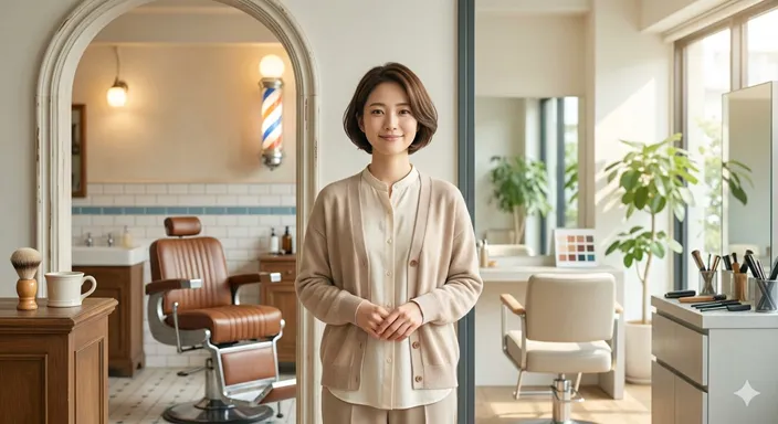 理容室と美容室の二つの選択肢を前に、自分に合ったサービスを前向きに選んでいる人物のイメージ。