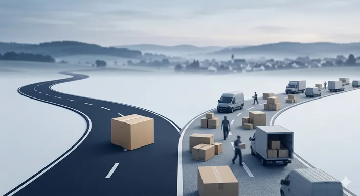  分岐する二つの道の片方に一つの箱、もう片方に複数の荷物があり、言葉の使い分けを象徴しているイメージ。